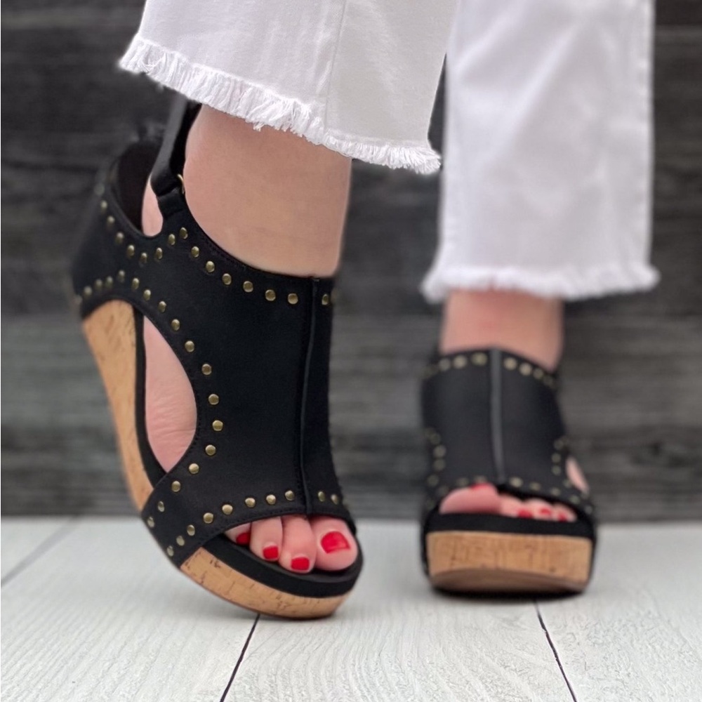 Corkys Footwear Carley Wedge Sandal Black Oil PU with Studs is a closet staple - Picture 2 of 11